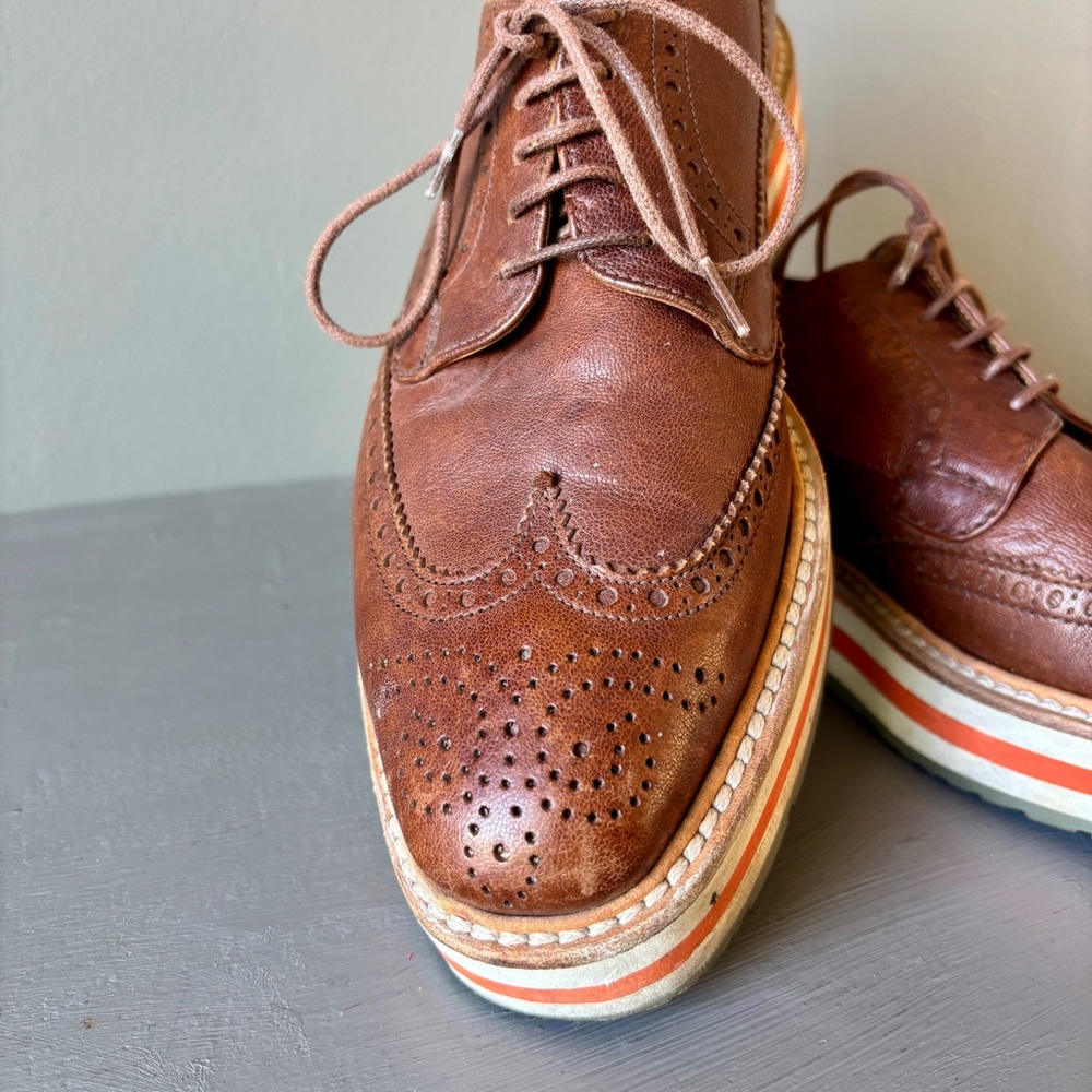 Prada Men's Brown Leather Wingtip Shoes with Striped Platform Sole - Picture 11 of 13